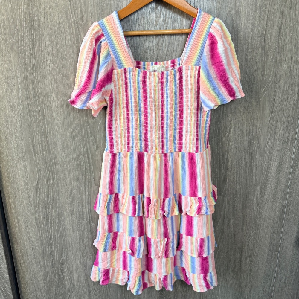 Chelsea & Violet Dress Girls M 10/12 Rainbow Stripe Smocked Ruffle Tiered Summer
